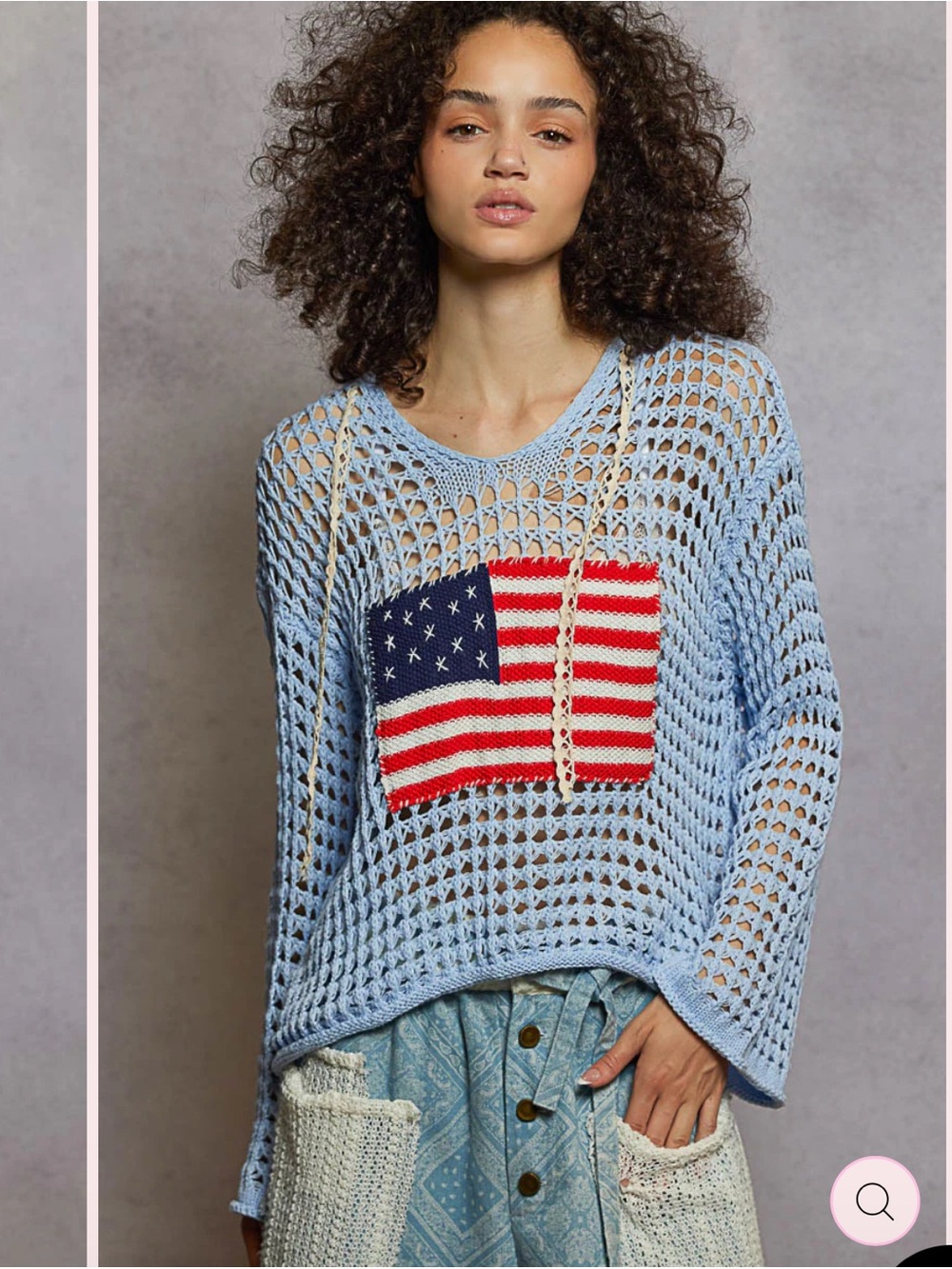 POL Light Blue Open-Knit Sweater with Red, White & Navy Flag Patch